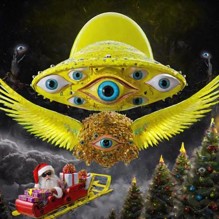 seraphins, mystical creature with hundreds of eyes and wings, roswell alien with yellow christmas hat, delivering presents with santa riding a ufo sleigh, intricate complexity, surreal horror, inverted neon yellow drip paint, photoreal