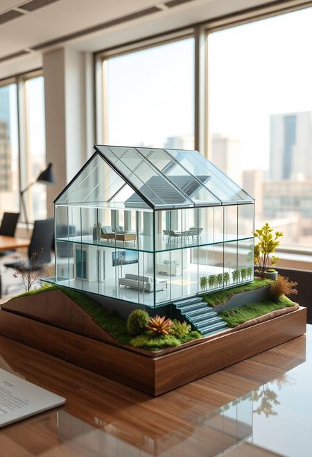 isometric diorama of a house built entirely of transparent glass, wide pulled back view, diorama is in an office setting, on a desk, large windows, warm daylight