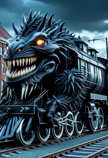 spooky black monster train, in town, from side, cinematic, cinematic lighting, (masterpiece, best quality:1.4), ultra-high res, 4k, Photorealistic, insanely detailed, sfw,