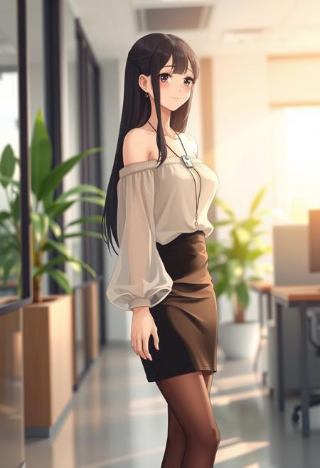 Anime-style shy and beautiful young female secretary standing in a modern office during the day. She has long, smooth black hair and gentle eyes, looking slightly down with a shy smile. She wears an elegant off-shoulder summer transparent thin blouse without straps, with long flowing sleeves, slightly sheer and soft, tucked into a  black pencil transparent very mini think skirt that ends just above the knees. She also wears thin, transparent black stockings and modest black heels. A small ID badge hangs subtly at her waist, adding to her reserved posture. Her cheeks are slightly flushed, giving a blushing expression as she stands near the office entrance, uncertain where to go. Background includes bright natural lighting, indoor plants, office desks, and soft shadows. The overall tone is warm and welcoming, with a soft-focus anime style and subtle bokeh effect in the background. Full-body composition, delicate lighting, cinematic mood.