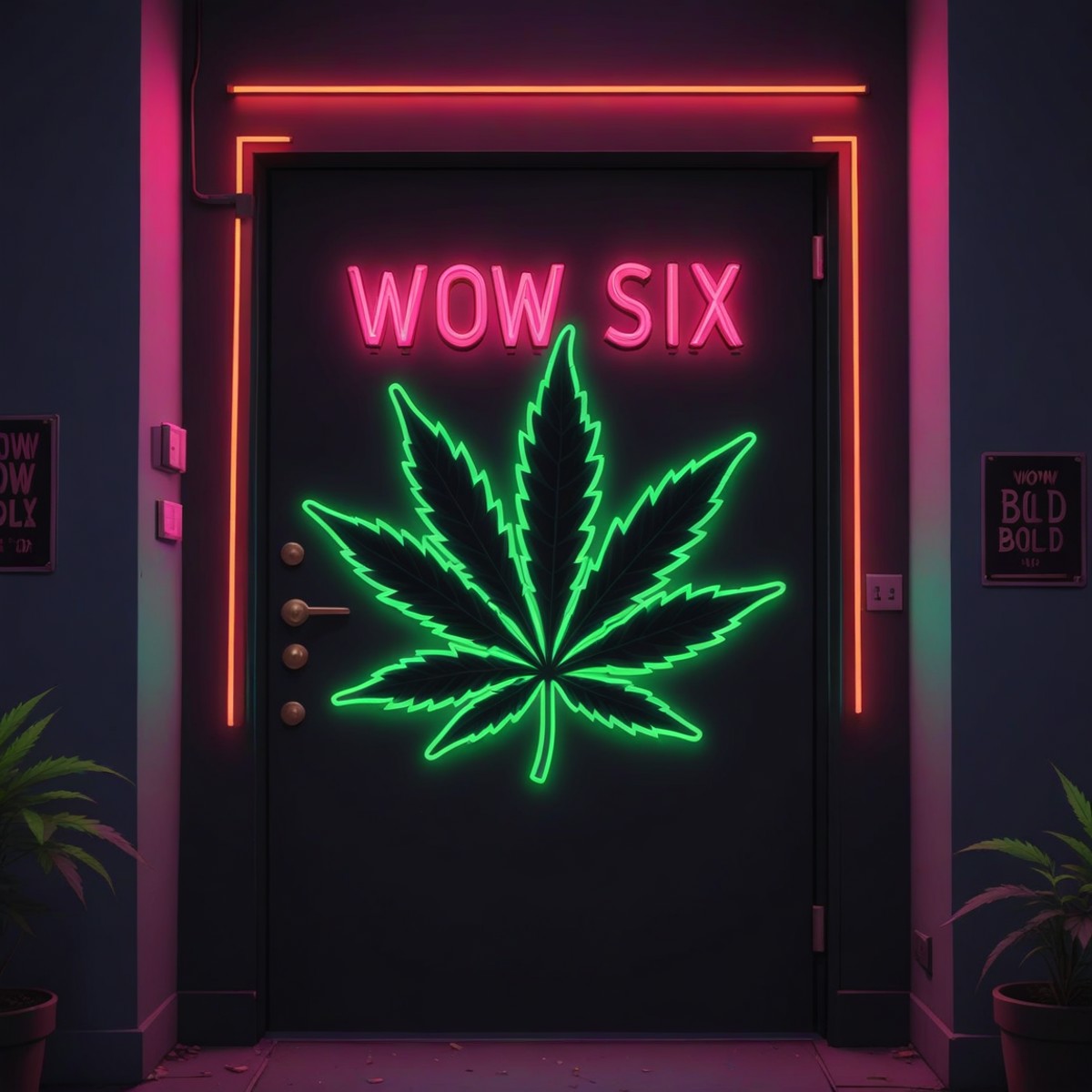 A door with cannabis leaf motif, neon sign reads "(WoW six)" in (bold text:1.35) above the leaf,
