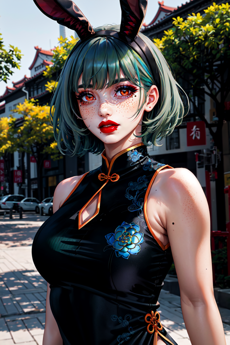 1girl, animal ears, bare shoulders, black dress, blue hair, china dress, chinese clothes, dress, freckles, green hair, grey hair, lips, looking at viewer, makeup, mole, mole under eye, orange eyes, outdoors, parted lips, rabbit ears, red lips, short hair, sleeveless, solo, swept bangs, upper body