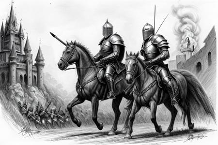Pencil sketch, intricately detailed, rich shadows, highest resolution, highest quality, 8k UHD, 
best perfect realistic HD ultra HD 4k clear and detailed image, battle knights with a large and fearful fire dragon, nearby castle, weapons swords, crossbows, bows, detailed visualizations of knights, dragon and landscape, detailed depiction of their faces and weapons and armor, and o ...