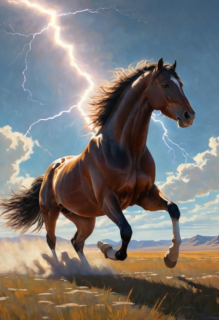 Realistic painting of a large horse galloping powerfully across a vast steppe, with dynamic ray tracing capturing the sunlight filtering through an expansive sky, by artists inspired by the detail and lifelikeness of George Stubbs and the dynamic compositions of Frederic Remington, cinematic composition, trending on ArtStation
BadDream, anzhcdreamwave, aesthetic, glowneon, glowing, sparks, lightning