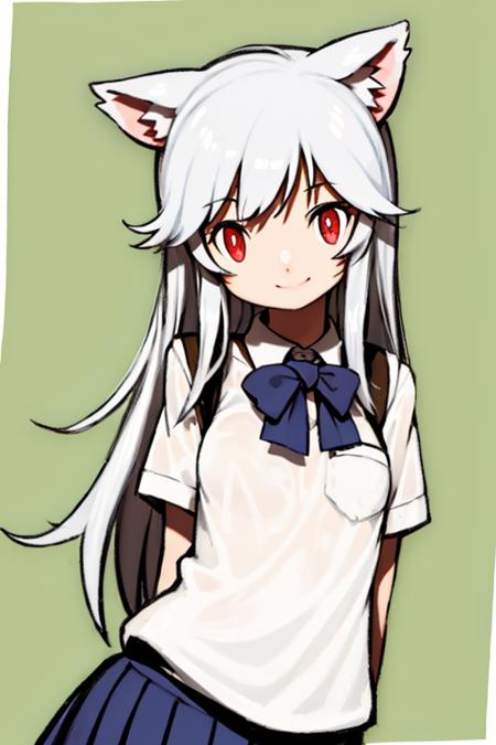 ,masterpiece, best quality,<lora:style08:1>,1girl,animal ears, white hair,long hair,red eyes,smile,school uniform,