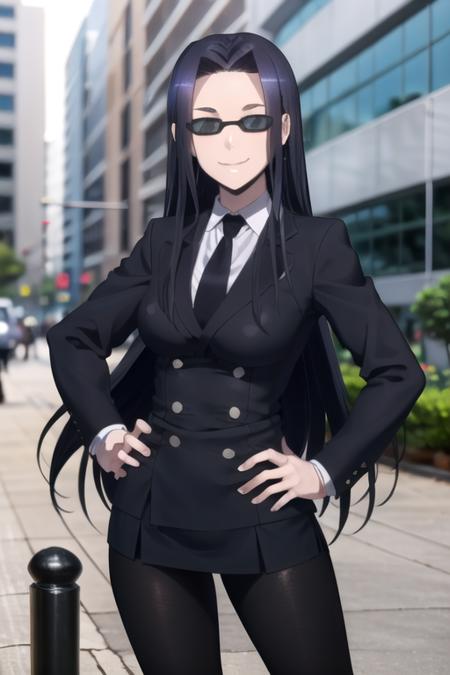 (((picture perfect))), (absurdres), 1girl, solo, <lora:smith-monmusu:0.8>, kuroko smith, suit, skirt, necktie, leggings, brown eyes, sunglasses, looking at viewer, smile, hands on hips