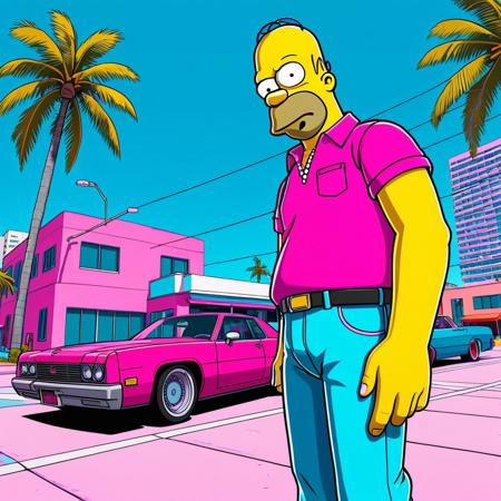 Homer simpson as a character in GTAV, vice city, neon, pastel, miami vice, flat colors, dutch angle, tilted angle, rockstar games, gta vice city, grand theft auto style, exaggerated, pop art style, vibrant colors, full body view
  <lora:add-detail-xl:1> <lora:aesthetic:1>  <lora:detailed_notrigger:1> <lora:Line Art Style SDXL_LoRA_20r_20e_8i_nr32_a16_Pony Diffusion V6 XL:1>