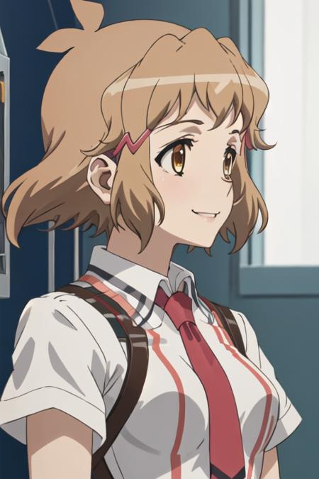 tachibana_hibiki_senkizesshousymphogear short_hair, brown_hair, hair_ornament, hairclip, brown_eyes