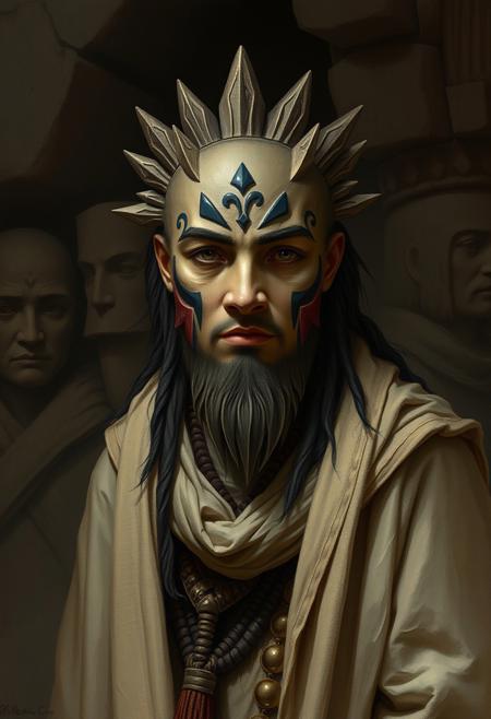 A shamanic figure with a mask-like face, standing against a backdrop of carved stone mythologies
Renaissance portrait realism, modern textured illustration, soft yet structured brushwork, delicate chiaroscuro, warm muted color palette, finely detailed facial expressions, subtle atmospheric lighting, simplified yet expressive backgrounds, balance of precision and painterly abstraction, narrative depth, timeless yet contemporary aesthetic, visual storytelling through light and texture