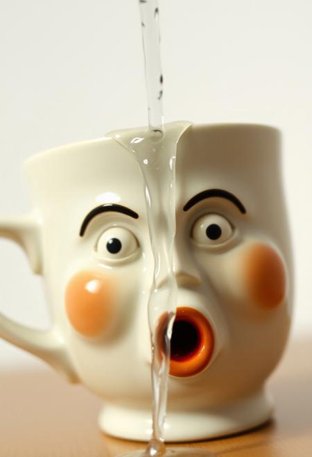 closeup photo of a ceramic coffee cup with an interesting face on it.   Water flowed from the corners of his mouth, forming a stream，unique perspective.   [shocked expression]