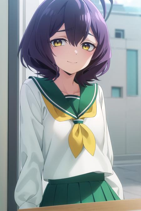 utenahiiragi, <lora:utena hiiragi-lora-nochekaiser:1>,
utena hiiragi, short hair, (yellow eyes:1.3), purple hair, ahoge, smile, hair intakes,
BREAK skirt, shirt, long sleeves, school uniform, white shirt, pleated skirt, serafuku, sailor collar, neckerchief, green skirt, green sailor collar,
BREAK indoors, classroom,
BREAK looking at viewer, (cowboy shot:1.5),
BREAK <lyco:GoodHands-beta2:1>, (masterpiece:1.2), best quality, high resolution, unity 8k wallpaper, (illustration:0.8), (beautiful detailed eyes:1.6), extremely detailed face, perfect lighting, extremely detailed CG, (perfect hands, perfect anatomy),