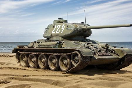 Tan t34 racing down the sand beach,  shooting, day time, High Detail, Sharp focus, ((photorealism)), realistic, best quality, 8k, side view, sun in the sky
