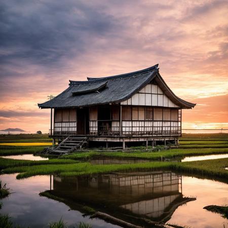 wide-angle photo of an old rustic house standing alone in between lots of rice fields, Style-Japan2, (colorful sunset on a cloudy sky:1.2), intricate details, hdr, hyperdetailed, cinematic shot, bokeh, 35mm