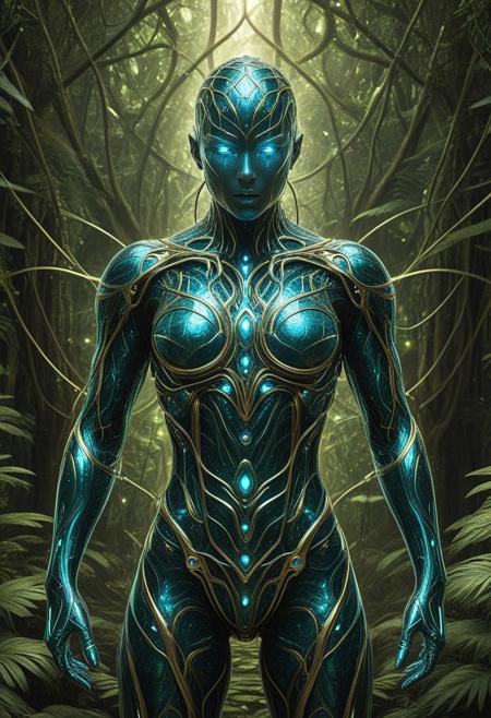 An android with quantum-infused skin exploring a fractal jungle, qu4ntum, luminous vines pulsing with energy, shimmering quantum mist, Quantum Punk style, radiant emerald and sapphire glow with subtle golden highlights, ultra-detailed textures, World Morph aesthetic