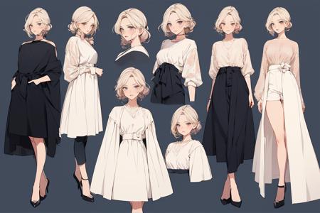 in the style of AI manhwa,Delicate illustration of anime girl in fashion style, character model sheet, (multiview:1.2) , (character turnover:1.3), <lora:epiNoiseoffset_v2:1>