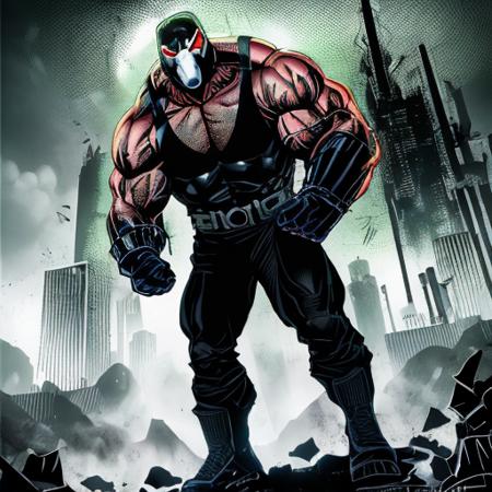 black white mask, green thick veins, green glowing tubes on arm and head, extremely large muscular man, red glowing eyes, gloves, black tank top, pants, boots, armor