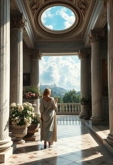 Whispers of the sky , classical antiquity, ancient Rome, ancient Greece, opulent marble, lush floral details, romanticized daily life, photographic realism, mastery of light, rich textures, elegant compositions, serene atmosphere, timeless beauty.