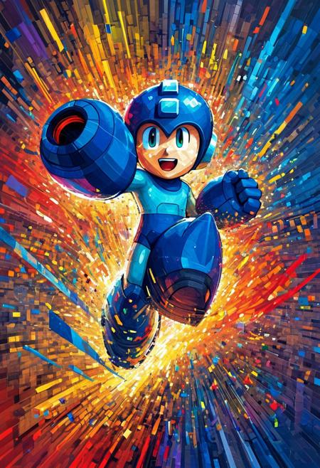 Rockmegamen, Megaman is liberated from a digital system, their words breaking free in stuttered excitement, proclaiming their newfound freedom. The cinematic image depicts a figure breaking through digital constraints, exuding a sense of power and release. Vivid colors and sharp lines convey a strong sense of movement and triumph. Every pixel bursts with energy and vibrancy, capturing the viewer's attention and drawing them into the exhilarating moment of liberation.