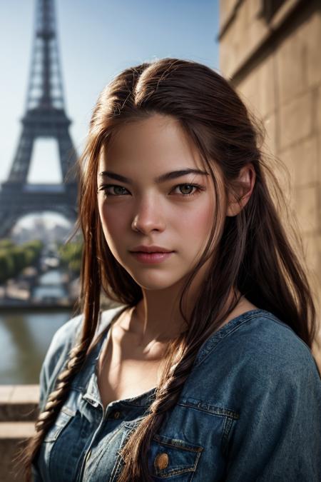 masterpiece, best quality, (((photographic, photo, photogenic))), (((half-body photography)), (detailed face, detailed nose) 30 years old woman embedding:Kristen_Kreuk-1-4000, ((hips)), ((looking at viewer)), long hair, (t-shirt and jeans), warm spring day in paris, eiffel in background, camera f1.6 lens, rich colors, hyper realistic, lifelike texture, dramatic lighting