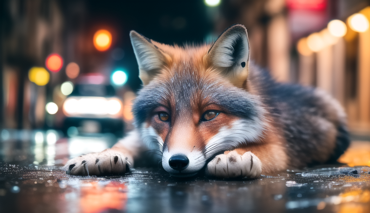 A fox with a yellow eye lying on the ground at night.