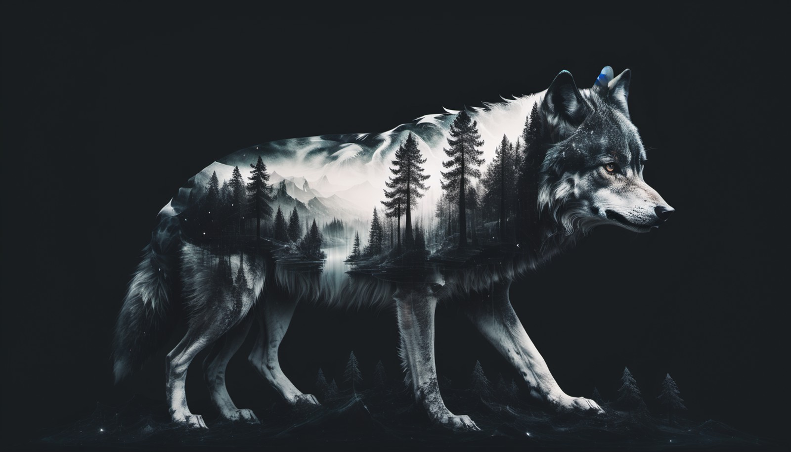double exposure style, wolf, forest, black background