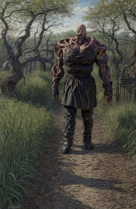 (Nemesis:1.1), arboretum ,yard ,hedgerow,bosque ,thicket ,farm , a painting,scene painting,scenery, <lora:Nemesis SD1.5 v1:1>,