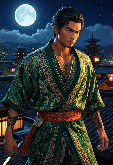 Japanese mixed European real anime style characters,
and American anime style background details.
Simple loose-fitting tops.
8K, photorealistic, athletic male, Batik ornate outfit, vibrant colors, elegant, ethereal, dramatic lighting.
8K, photorealistic, male, strong physique, confident green eyes, Sumatran Batik designs outfit, vibrant colors, elegant, ethereal, dramatic lighting.
8K, photorealistic, stealthy male, Batik assassin's attire, hidden blade, leaping across rooftops, moonlight, mysterious.
Luminous intricate Batik patterns tattoo,