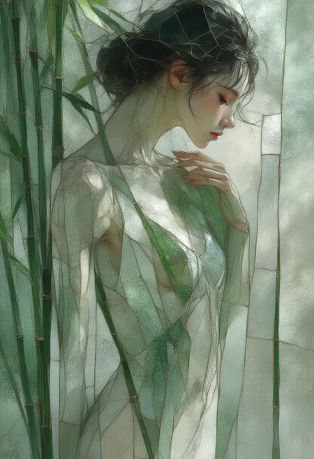 A dynamic and evocative depiction of a woman in a leotard, intertwined with bamboo stalks, rendered in a fractured, stained-glass Cubist style. The scene shatters into geometric shards, revealing fragmented perspectives of graceful movement, the smooth texture of the leotard, the cool, green hues of the bamboo, and a sense of controlled power, all bathed in a soft, diffused light. The palette utilizes deep emerald greens, vibrant crimson reds, and stark blacks, punctuated by bold white outlines and a subtle, inner luminescence highlighting the contours of the body and the intricate grain of the bamboo. Photorealistic details of the fabric's drape, the muscles' definition, the bamboo's knots and growth rings, and the skin's subtle sheen harmonize with the fragmented composition, creating a striking fusion of strength and elegance. Ultra detailed, 8k resolution, volumetric lighting, octane render, emphasizing the interplay of light and shadow and evoking a feeling of poised energy.