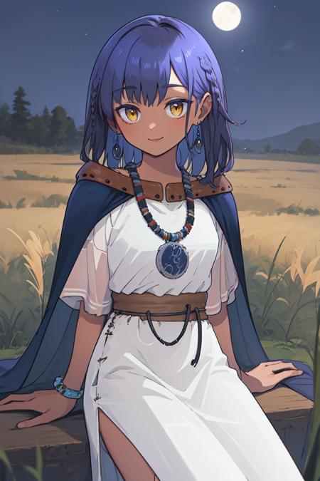 lillu, dark-skinned female, dark skin, yellow eyes, blue hair, medium hair, braid, bangs, earrings, necklace, bracelet, cape, long dress, white dress, short sleeves,