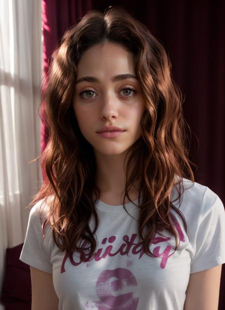 portrait of emmy rossum <lora:Emmy Rossum LoRA:0.7>, lonely , wearing t-shirt , with burgundy Long layers , background bedroom epic (photo, studio lighting, hard light, sony a7, 50 mm, matte skin, pores, colors, hyperdetailed, hyperrealistic)