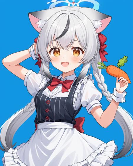 breathtaking,kokona \(blue archive\),1girl, solo, blush, open mouth, skirt, simple background, shirt, hair ornament, white shirt, braid, short sleeves, :d, frills, teeth, striped, puffy sleeves, bowtie, black skirt, apron, vest, arm up, red bow, puffy short sleeves, animal ear fluff, wrist cuffs, maid, maid headdress, ^_^, upper teeth only, blue background, halo, frilled skirt, red bowtie, waist apron, white apron, facing viewer, vertical stripes, outline, frilled apron, black vest, food-themed hair ornament, carrot hair ornament
  <lora:Kokona_image220_v1-000035:1> . gorgeous,key visual, vibrant, studio anime,award-winning, professional, highly detailed,high budget, cinemascope