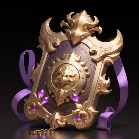 (masterpiece, top quality, best quality, official art, beautiful and aesthetic:1.2),(8k, best quality, masterpiece:1.2),
game icon,A Chinese style token, Moire, Chinese style, writing, carving, pendant a gold and purple shield with a purple ribbon around it and a gold crown on top of it, with a purple ribbon around it, letterboxed, transparent_background, black_background, pillarboxed, black_border,
<lora:GameIconResearch_card_Lora:0.6>