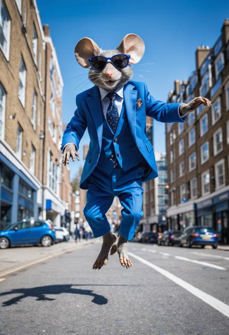 photo of an anthropomorphic mouse in a blue suit wearing sunglasses, jumping over the street, in the style of street photography, sunny day, london bank district background, unsplash