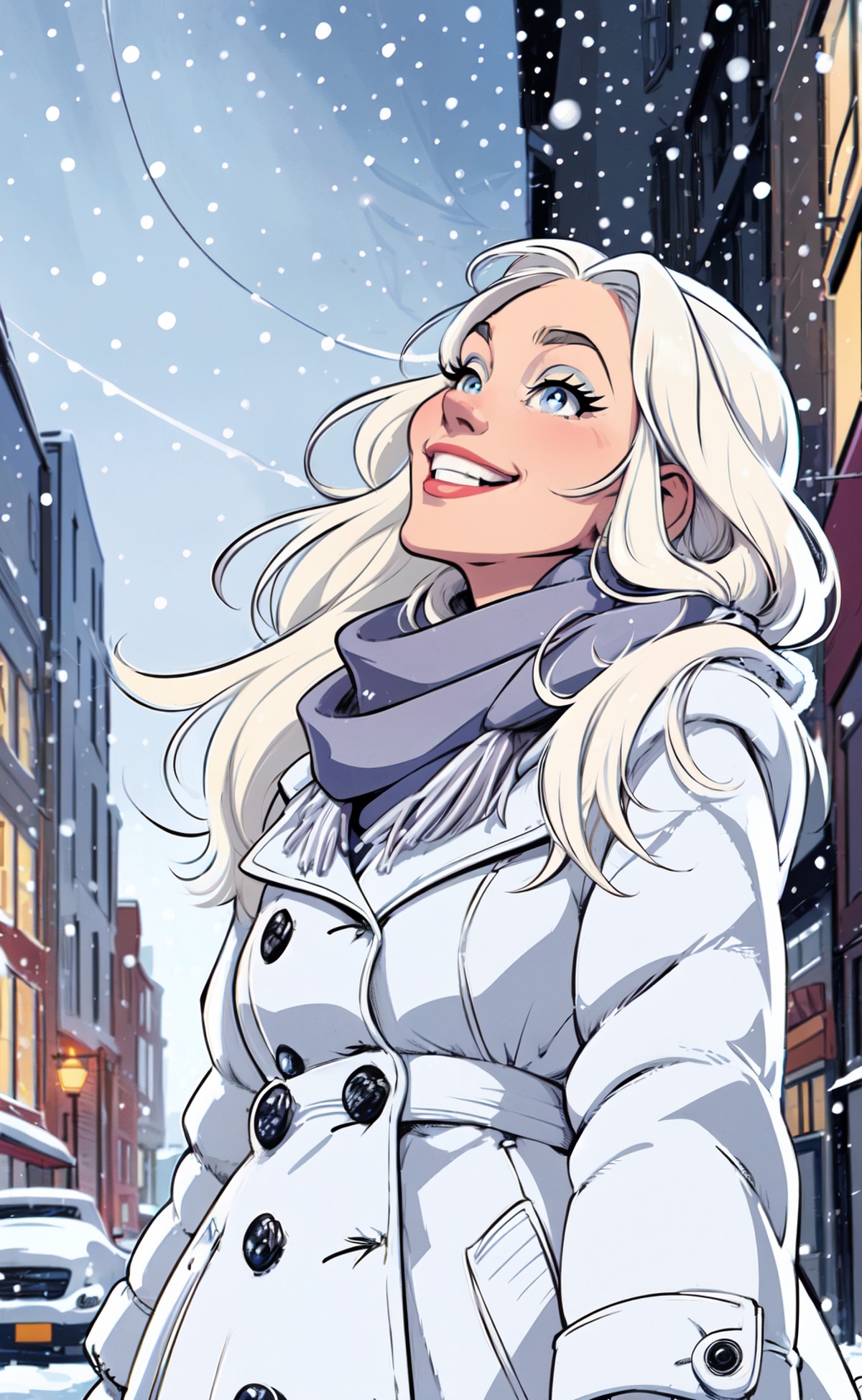 (cartoonish style), flat color style, close up illustration of a woman, on a snowy street, long platinum blonde hair blowi...