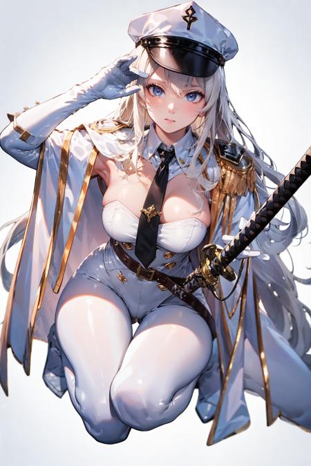 1girl,solo,<lora:GoodHands-beta2:1>,medium breasts,(thigh gap:1.2),(full body:1.3),<lora:0111 white leather inquisitor_v1:1>,ruanyi0111,belt,white bodysuit,thigh boots,white gloves,katana,white cloak,sheathed,squatting,necktie,, (masterpiece, best quality, hires, high quality, by professional artist, ultra detailed, extremely detailed, absurdres, incredibly resolution:1.2), good hands, perfect hands,