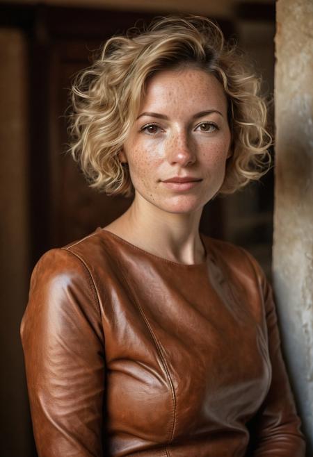 Stunning 35mm photo of a 42 years old Dutch woman, ((tight leather pencil skirt)), very pretty, fit, skinny, highly detailed face, highly detailed skin, freckles, many freckles on arms and tits, freckles and moles all over body, natural breasts, perfect breasts, hard nipples, Rounded ass, blonde hair, pubic hair, short hair, messy hair, medium hair, brown eyes, highly detailed skin, highly detailed face, in love, happy, detailed pupils, at her parents' 50th wedding anniversary, in a beautiful agriturismo in Tuscany, sunset, you can tell from the expression on her face that she is highly sexually aroused, low light, soft natural light, Rembrandt style light, made with a Hasselblad camera, 35mm, film grain, masterpiece, sharp focus, ((Photorealistic:1))