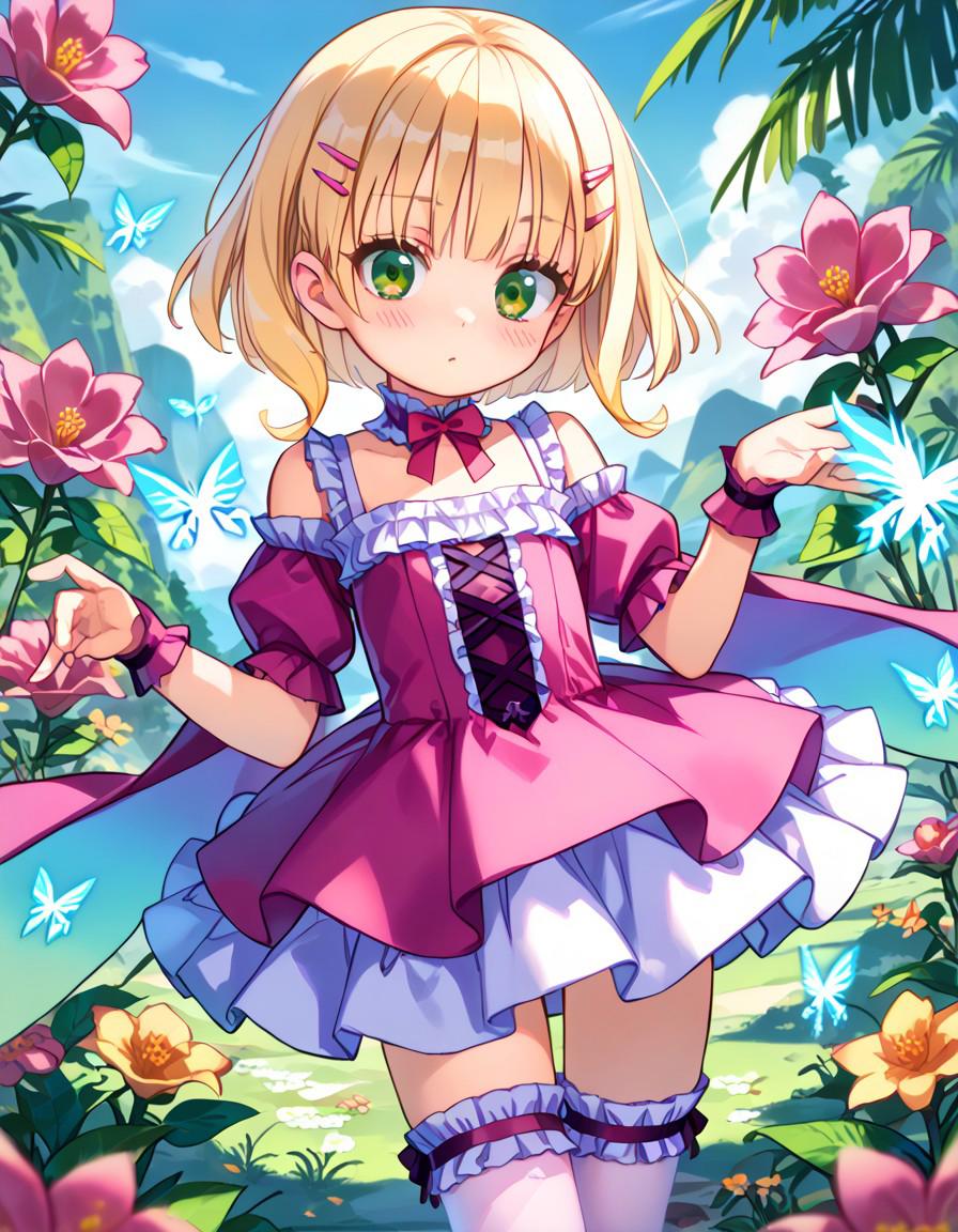 score_9, score_8_up, score_7_up, source_anime,   (paradisiac landscape:1.4), flowers, wizard girl, standing, blonde hair, short hair, (blushing:1.4), green eyes, silky dress with frills, (silky stockings with frills:1.4), hairclip, silky gloves, (magical energy flow:1.4), 1girl, perfectly flat chest, tiny perky tits