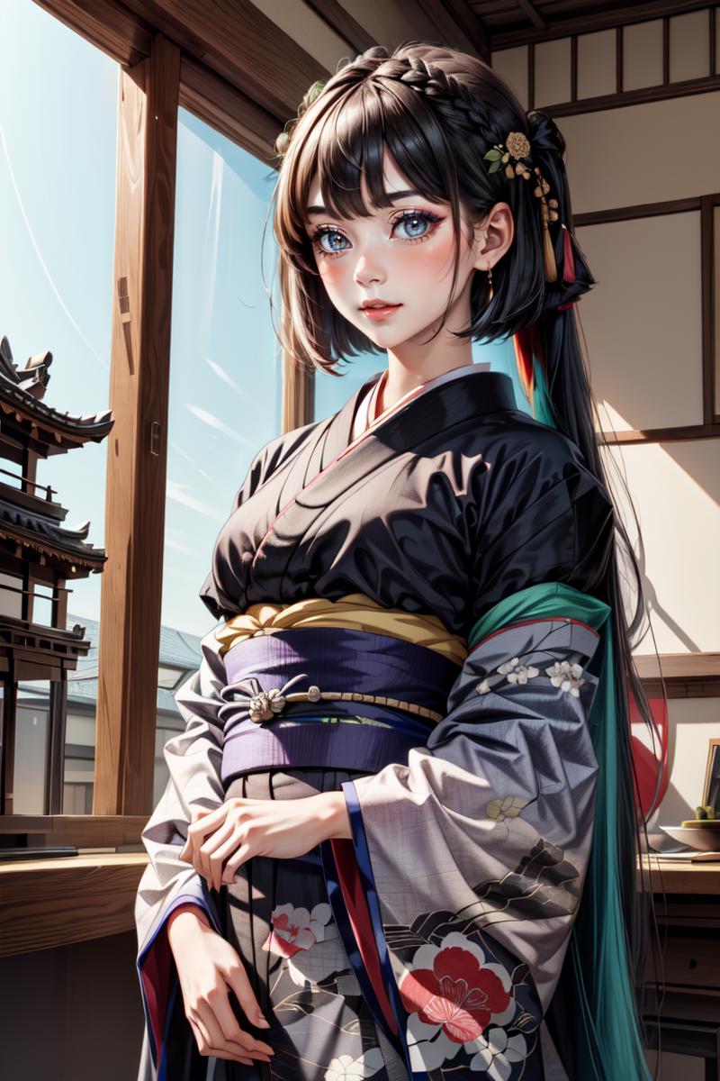 A beautifully drawn anime-style woman wearing a kimono, standing next to a window.