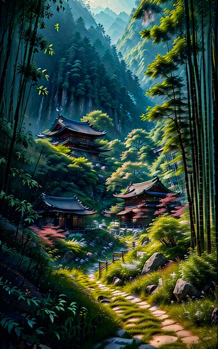 (best quality,ultra-detailed,8k uhd,ultra high res,cinematic scenes, masterpiece,dramatic lighting,extremely detailed CG unity wallpaper) ,an empty scene, a few cabins in green bamboo forest in summer ,<lora:ChineseStyleAncientlandscape_v1_150:1>