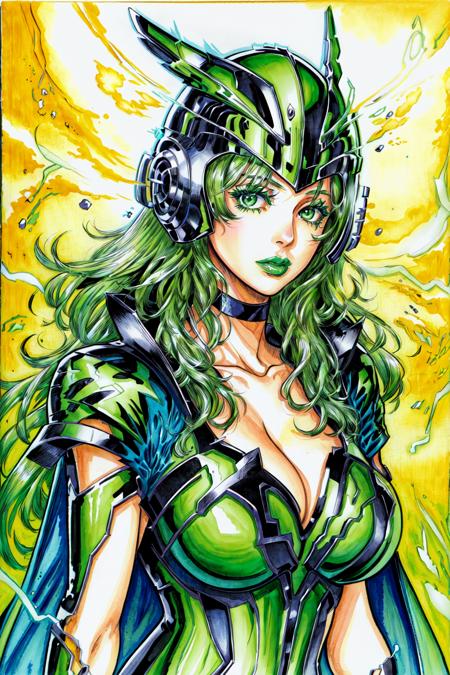 Lorna Dane,  Polaris,  1girl,  solo,  long hair,  looking at viewer,  large breasts,  gloves,  cleavage,  upper body,  makeup,  traditional media,  helmet,  lipstick,  electricity,  animification,  green theme,  superhero,  green gloves, specular highlights,  extremely detailed,  best art,  official art,  masterpeice, <lora:EMS-51654-EMS:0.800000>