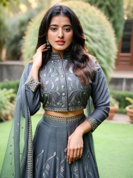 photo of a 30-year-old ketika sharma woman,full body,  Charcoal colored modest high neck Punjabi Suit, looking at camera, , soft lighting, outdoors garden in bokeh  <lora:Ketika_Sharma_SDXL_LoRA_adafactor:1>