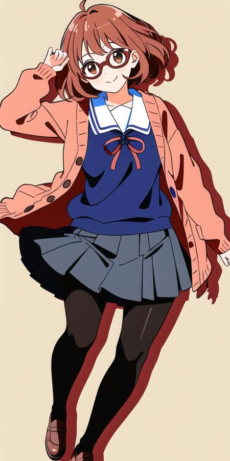 masterpiece,best quality, ultra-detailed, detailed face, 1girl, Kuriyama Mirai, ((full body)), ((full size)), standing, brown_shoes, black_legwear, blue_skirt, smile, brown_hair, cardigan, glasses, kuriyama_mirai, motion_lines, open_cardigan, open_clothes, pantyhose, ((white_background)), pleated_skirt, red-framed_eyewear, school_uniform, serafuku, short_hair, skirt, solo,  <lora:Mirai:0.5>