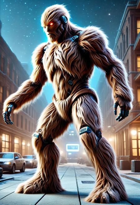 dynamic pose, low light, night time, robot, android, covered in fur, made of w00kiee, science fiction. sci-fi, architecture, outdoors, dynamic composition, absurdres, high quality, masterpiece