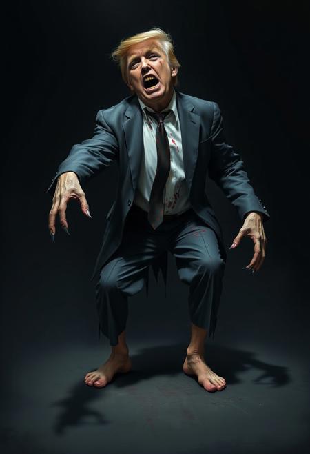 A full-body character portrait viewed from the knees up, set against a dark, shadowy background with ample negative space around the figure, illuminated by a faint, eerie backlight.
The subject is a zombie version of Donald Trump depicted in a slightly exaggerated and hyperbolized style. His tattered, bloodstained suit hangs in disarray, barely clinging to his decayed frame, while his bare feet press into the ground with unsettling realism. His grotesquely twisted posture reveals a deeply contorted spine, creating a hunched, predatory stance.
One arm stretches forward unnaturally, claw-like fingers reaching out as if grasping for something unseen, while the other dangles stiffly at his side, motionless and lifeless. His legs are bent inward, crouching low in a menacingly spring-loaded pose. His head tilts unnaturally to one side, mouth gaping in a jagged, predatory snarl, revealing crumbling, rotting teeth.
His expression is a chilling blend of confusion and mild aggression, his vacant, milky eyes staring out into the void. The gritty and raw atmosphere heightens the sense of impending danger, the dim backlight casting sharp shadows that emphasize the grotesque details of his decayed form.