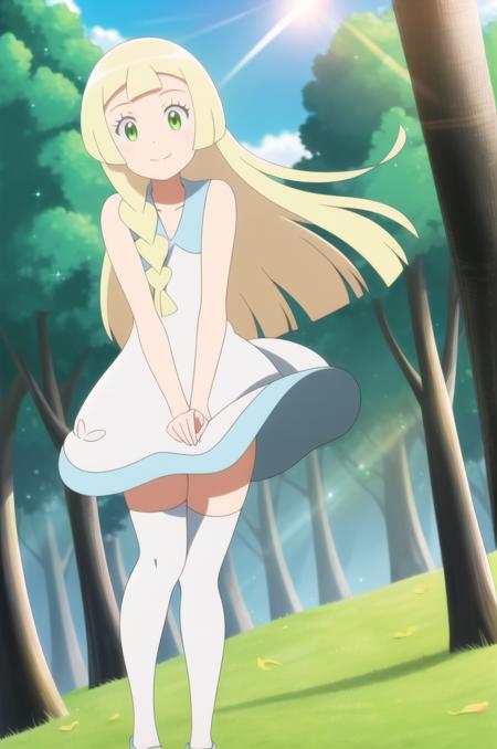 (masterpiece), high quality, detailed background, 1girl, solo,
<lora:PokemonLillie-v1-03:0.7>, ChopioLillie, blonde hair, long hair, blunt bangs, green eyes, (looking at viewer:1.3),
twin braids,
outfit_2, white dress, sleeveless dress, bare shoulders, white kneehighs, blue shoes,
sunny, blue sky, clouds, trees, flowers, happy, smile, sun diffraction, lens flare, depth of field, blurry, blurry background, sparkles, standing, floating hair, wind, <lora:Concept_WindLift:0.85>, (wind lift), skirt tug,