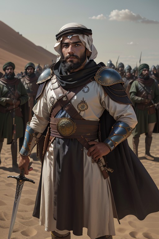 1man, solo, photography, portrait of arabarmor man with group of army in dune, beard, shield, sword, realistic, absurdes, ...