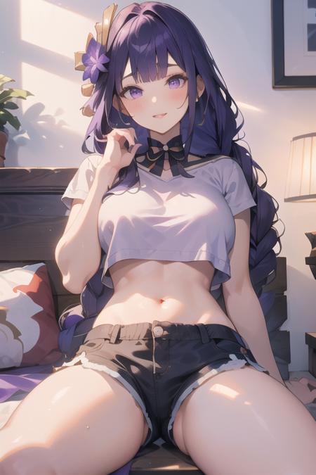 1girl, shorts, raiden shogun, purple hair, solo, shirt, long hair, purple eyes, white shirt, barefoot, navel, looking at viewer, midriff, crop top, holding, thighs, feet, short shorts, hair ornament, short sleeves, braid, book, toes, breasts, dolphin shorts, sitting, braided ponytail, stomach, hair flower, indoors, bare legs, flower, arm support, bangs, holding book, toenails, knee up, legs, mole, alternate costume, mole under eye, on bed, panty peek, crop top overhang, single braid, full body, parted lips, v-shaped eyebrows, pillow, black shorts, sidelocks, very long hair<lora:raiden shougun1.5v3:1>