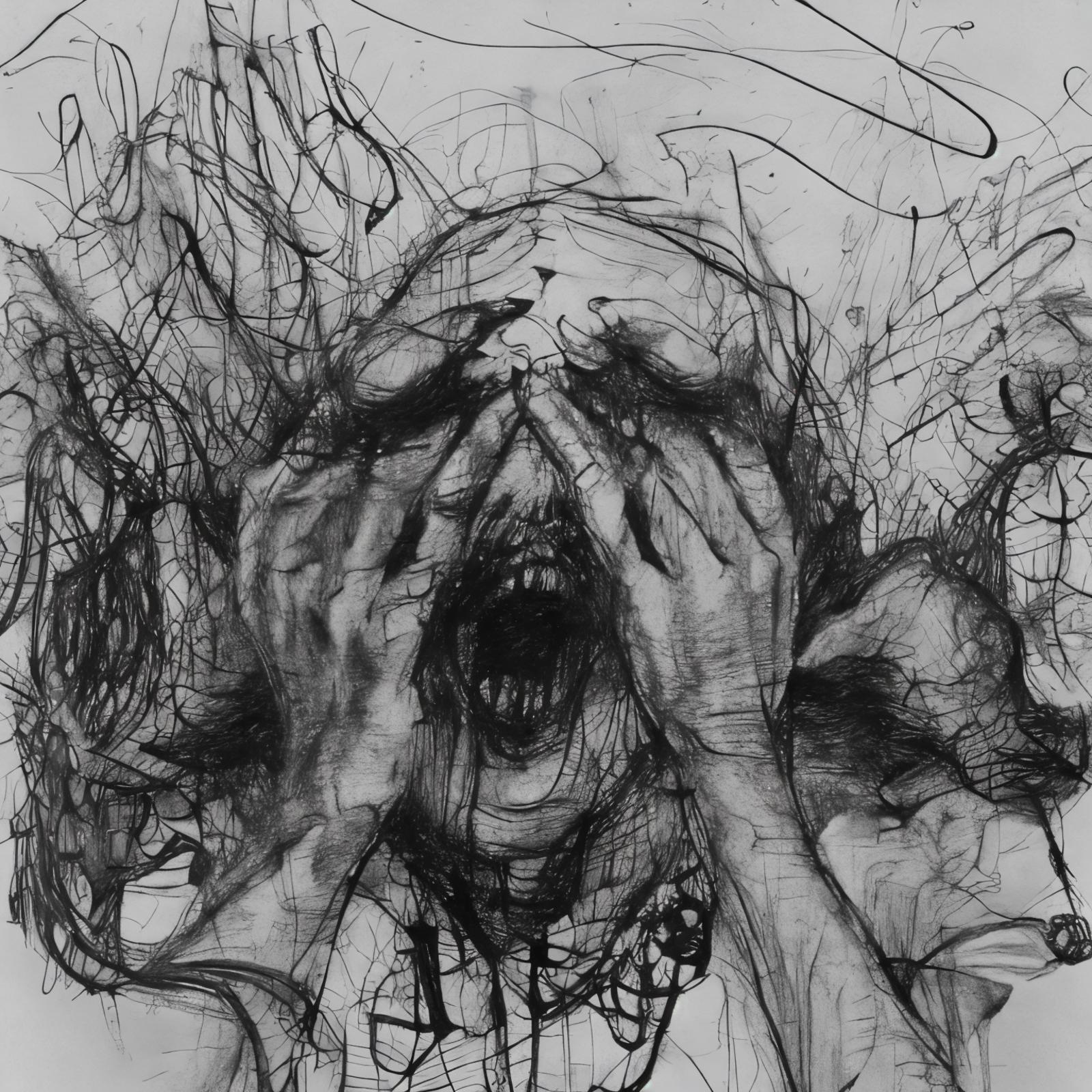 A drawing of a man with his mouth open and his hands on his face.