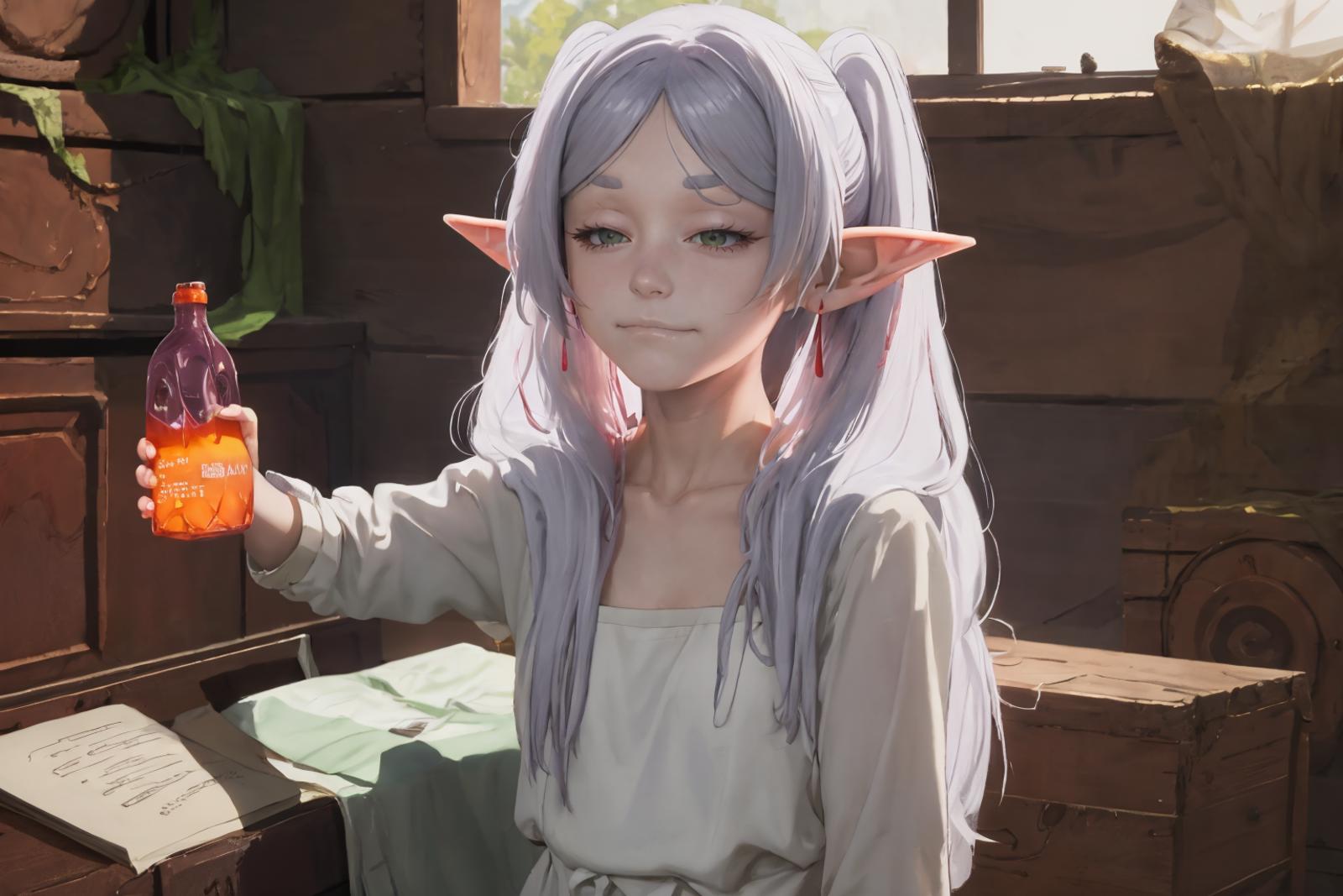 A young elf girl with purple hair holding a bottle.