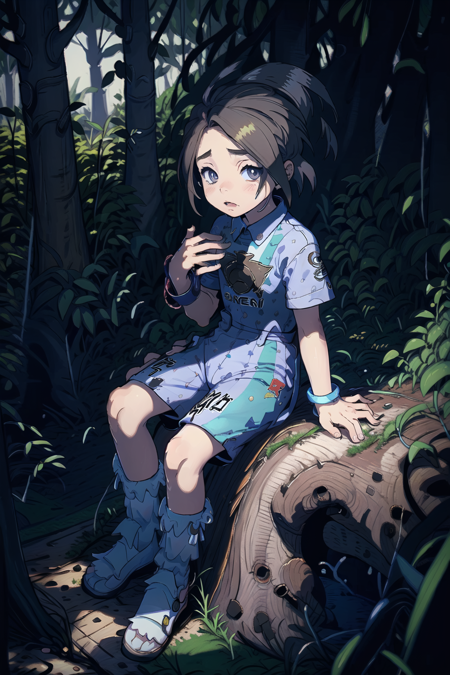 masterpiece, best quality, (AS-Younger:1.3), <lora:AllisterLora-10:0.7>, allister \(pokemon\), shorts, print shirt, suspender shorts, dead tree, forest, sitting on log, 1boy,